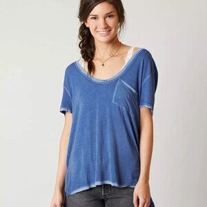 Free People We the Free Rising Sun Distressed High Low Scoop Blue T-shirt sz M